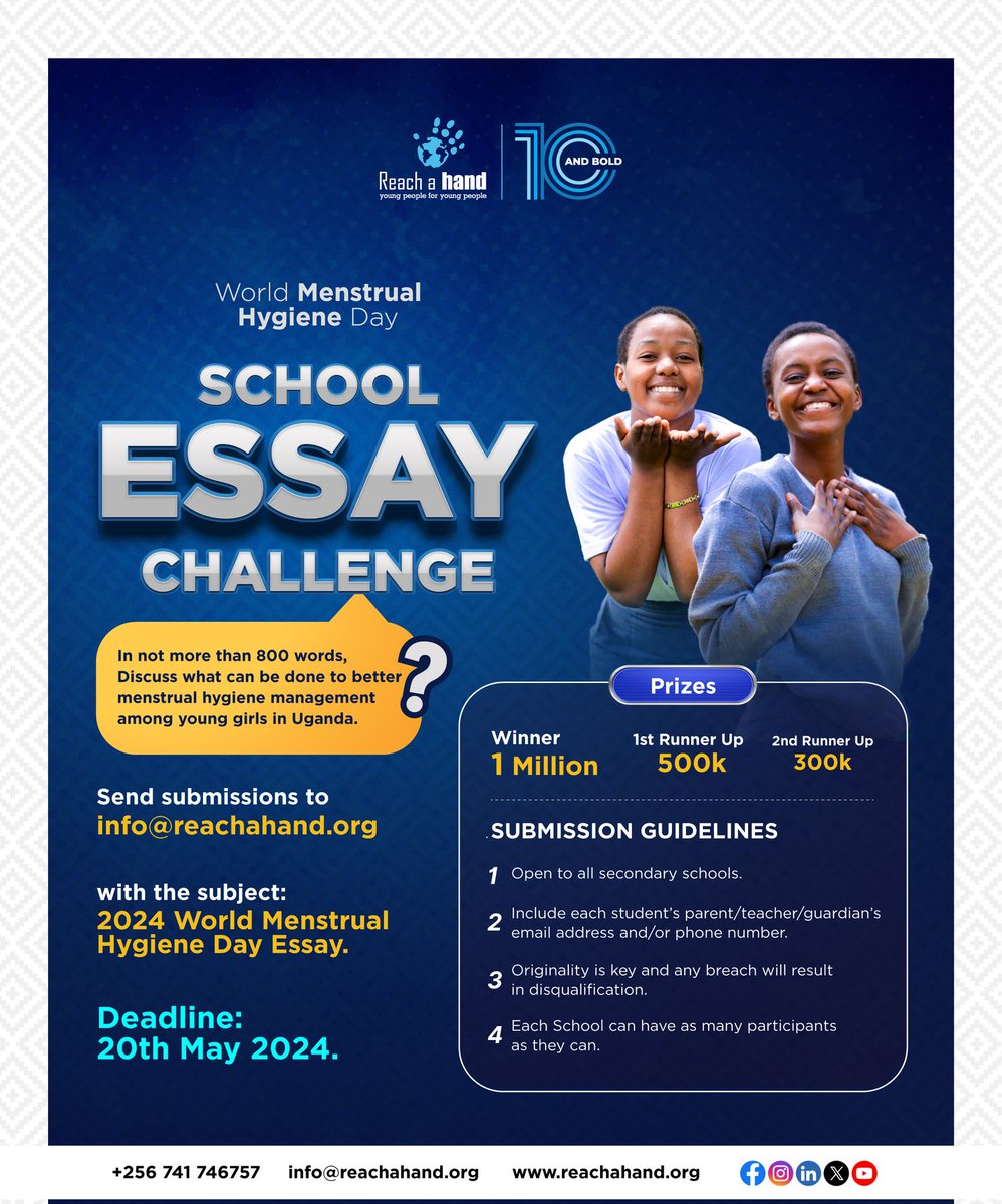 🌟 Attention all holiday makers! 🌟 This month, in anticipation of #Menstrual Health Day, we invite you to participate by writing an essay on how to improve menstrual hygiene management among young people in Uganda. Deadline is 20 May 2024. #UndoTheTaboo