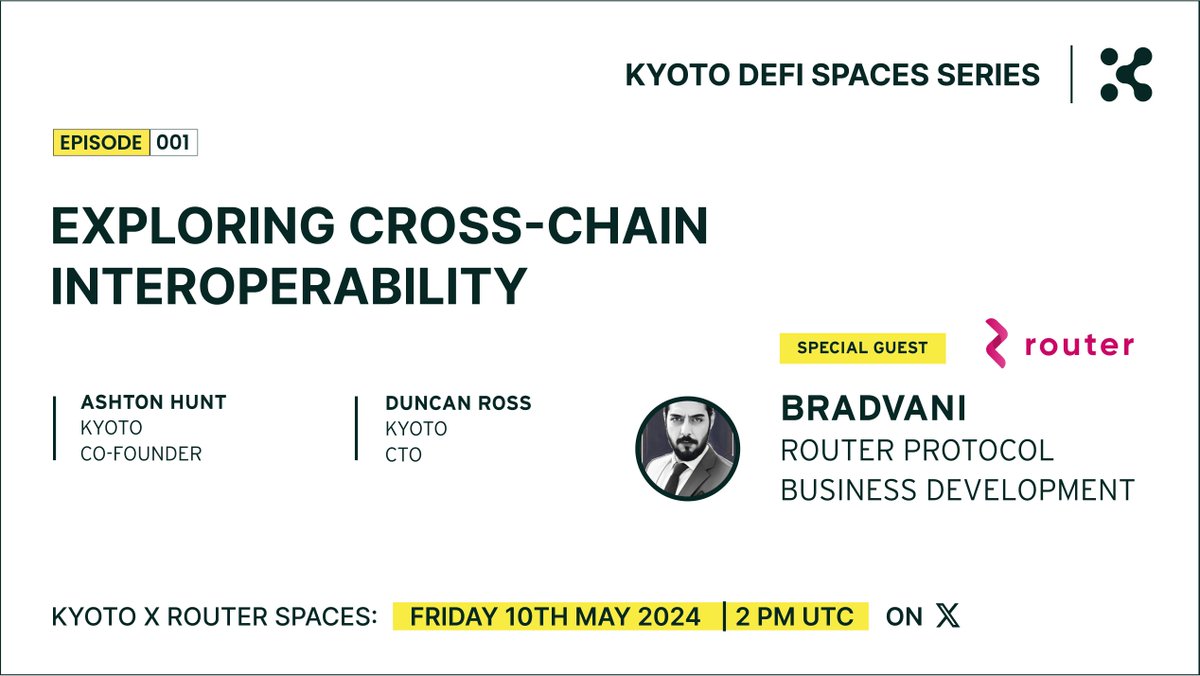 🚀TODAY's the day!🚀 🎉Join us at 2pm UTC for our FIRST $KYOTO #DeFi Spaces ft. @routerprotocol's @bradvani! ⛓️ Don't miss it 👇 x.com/i/spaces/1djxx… #KyotoBlockchain #RouterProtocol #BUIDL $KYOTO $ROUTE