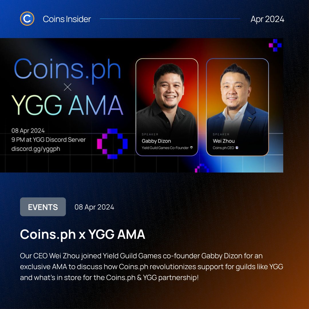 Our CEO Wei Zhou (@thedaoofwei) joined Yield Guild Games (@YieldGuild) co-founder Gabby Dizon (@gabusch) for an exclusive AMA to discuss how #CoinsPH revolutionizes support for guilds like #YGG and what's in store for the Coins & YGG partnership!

(11/18)
