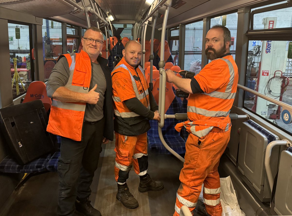 🔧 Our team are improving the reliability of our fleet of buses for #ClydeFlyer and X7 as we bring you the biggest timetable along the coast this summer. This is our Alan, Alan, Andy and Alan from our engineering team at Greenock depot. 💥 New times 👉 mcgillsbuses.co.uk