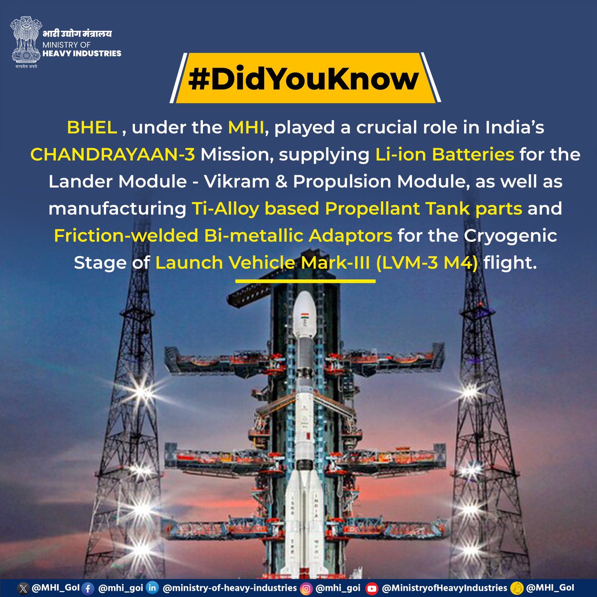 #DidYouKnow 

BHEL, under MHI, has supplied space-grade solar panels and lithium-ion batteries for numerous #ISRO satellites including CHANDRAYAAN-3. #MHI and #BHEL are dedicated to providing technological solutions for a #ViksitBharat and #AatmanirbharBharat