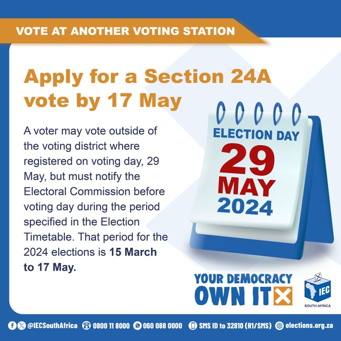 By law, you must vote where you're registered. If you can't, you need to notify the IEC by 17 May to vote at a different station on 29 May. To notify, visit elections.org.za/pw/section-24a…. Share with your friends and family! #SAelections24 #Sec24AVote