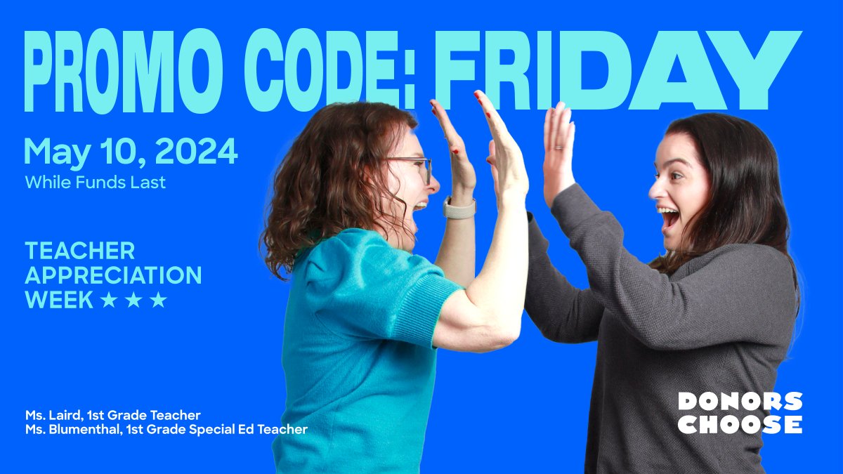 DonorsChoose's tweet image. 🚨 One last day. One special code.🚨

Which project are you choosing to show your appreciation to teachers? 📚✏️🍎

Support a project and enter the code FRIDAY at checkout. We&apos;ll double your donation, while funds last. donorschoose.org/search?rf=dcco…

#TeacherAppreciationWeek