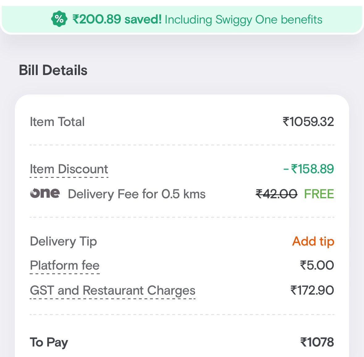 At the bakery, cost ₹1050

On Swiggy, 

₹1060 plus 
₹173 GST & Restaurant charges
-₹159 Discount
Free delivery (Actually Paid for Membership)

Final Price ₹1078

Confusing math that makes us feel we got a discount but the actual benefit is the convenience of home delivery.