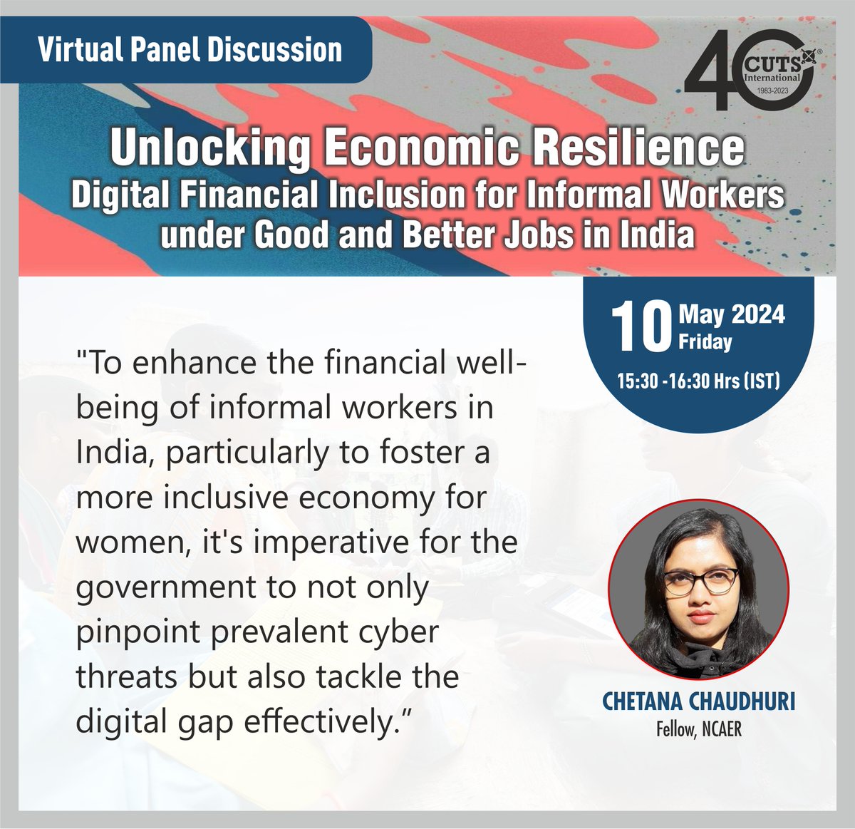 CUTS CCIER (@cuts_ccier) on Twitter photo Live Now 📢 "Unlocking #Economic Resilience: #Digital #Financial Inclusions for #InformalWorkers Under #GoodandBetterJobs in #India"
YouTube Stream Link: tinyurl.com/5974f68z
#CUTSInternational
<a href="/Psm_cuts/">Pradeep S. Mehta</a> <a href="/bc_cuts/">Bipul Chattopadhyay</a> <a href="/DrArunaSharma6/">Dr. Aruna Sharma</a> <a href="/GuhaDeepro/">Deepro Guha</a> <a href="/chetana_c1/">chetana chaudhuri</a> Live Now 📢 "Unlocking #Economic Resilience: #Digital #Financial Inclusions for #InformalWorkers Under #GoodandBetterJobs in #India"
YouTube Stream Link: tinyurl.com/5974f68z
#CUTSInternational
<a href="/Psm_cuts/">Pradeep S. Mehta</a> <a href="/bc_cuts/">Bipul Chattopadhyay</a> <a href="/DrArunaSharma6/">Dr. Aruna Sharma</a> <a href="/GuhaDeepro/">Deepro Guha</a> <a href="/chetana_c1/">chetana chaudhuri</a>