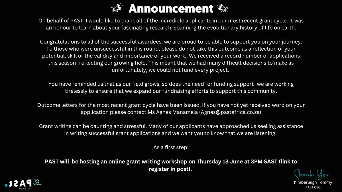 PAST AFRICA (@pastevolve) on Twitter photo 📢 Announcement 📢
Please see below from PAST CEO <a href="/KimTommy92/">Dr Kim Tommy</a>
Link to register for PAST grant writing workshop👇
us02web.zoom.us/meeting/regist…
🗓️ 13 June
⏰ 3PM SAST
📍Zoom
For queries: hq@pastafrica.co.za 📢 Announcement 📢
Please see below from PAST CEO <a href="/KimTommy92/">Dr Kim Tommy</a>
Link to register for PAST grant writing workshop👇
us02web.zoom.us/meeting/regist…
🗓️ 13 June
⏰ 3PM SAST
📍Zoom
For queries: hq@pastafrica.co.za
