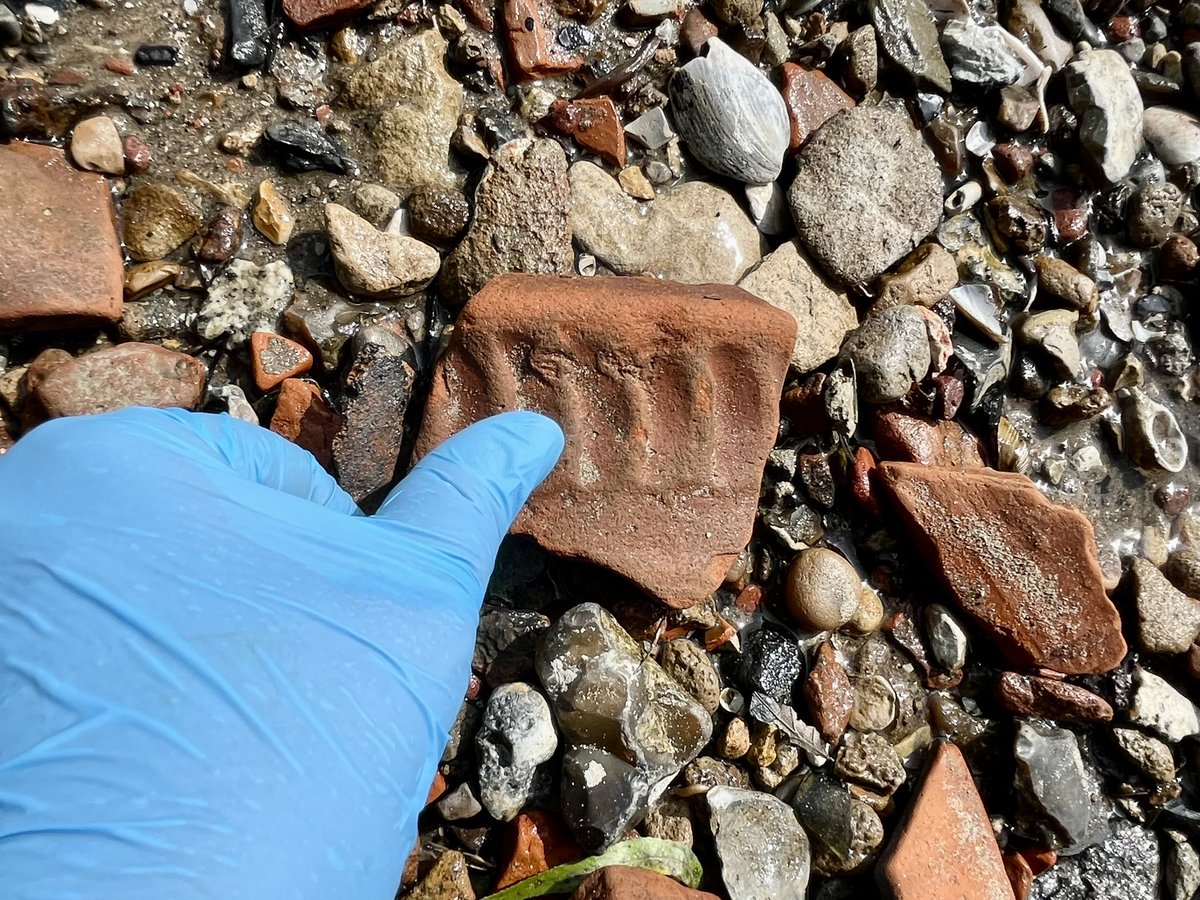 Scorchio on the Thames Foreshore this morning. The low tide gave me the base of a 17th/18thC onion bottle (for storing wine or spirits), two clay pipe bowls (late 17th/early 18thC) and the rim of a post medieval redware vessel, the potter’s thumb prints used as decoration.