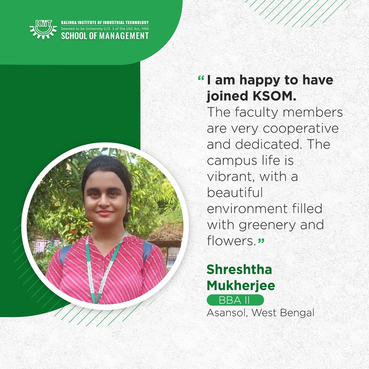 Shreshtha Mukherjee, a BBA student at KSOM, tells us how the supportive and vibrant environment has boosted her academic life.

#ksombbsr #BBA #TopBschools #KIIT