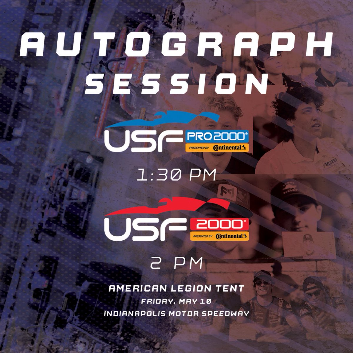 ✍️⭐️✍️⭐️✍️⭐️✍️⭐️✍️ After @USF2000’s first race of the #IndyGP on Friday and ahead of @USFPro2000’s, come meet the drivers shaping the next generation of motorsports during our autograph session at the American Legion Tent at @IMS 🔥