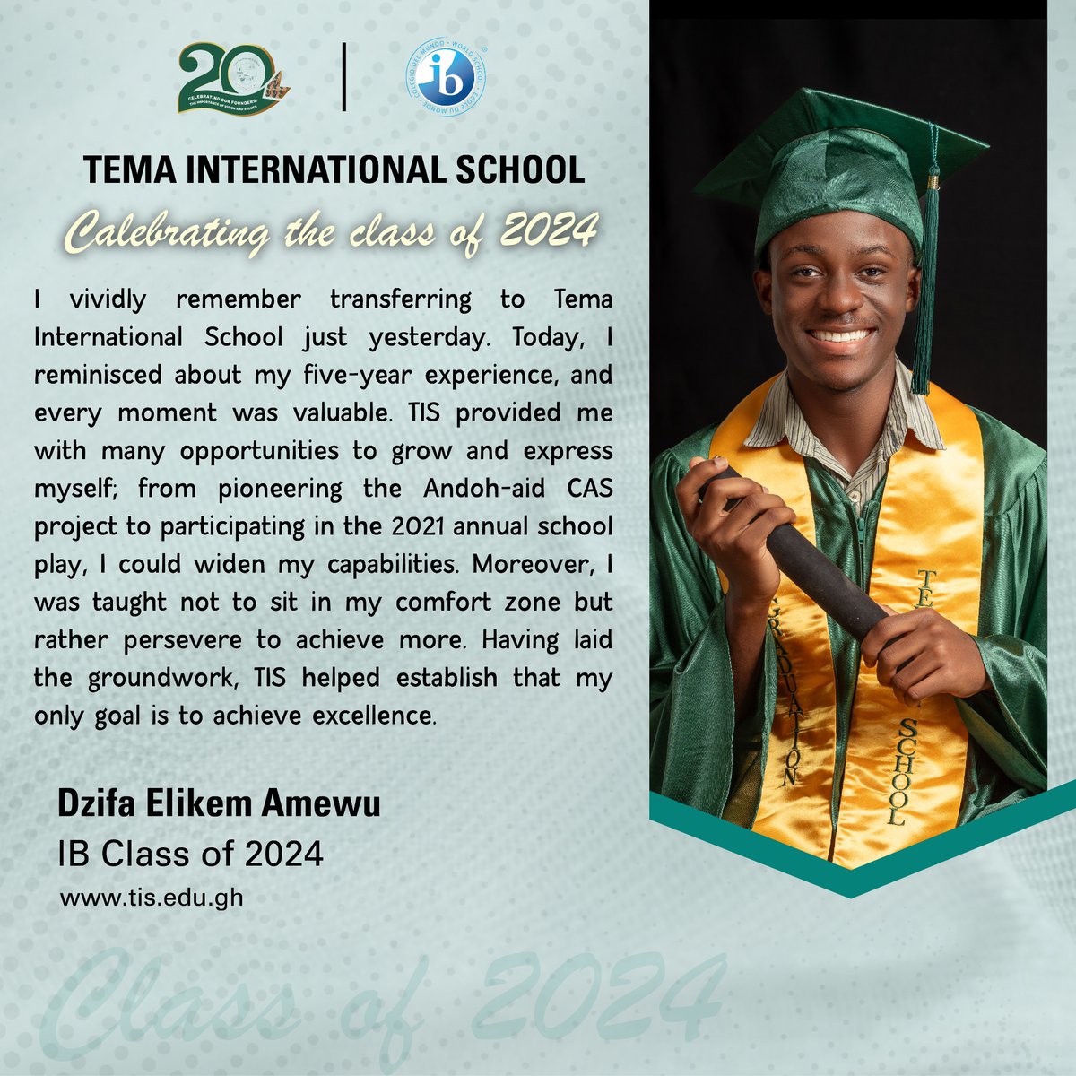 Celebrating the Class of 2024!!!

Congratulations Dzifa Elikem Amewu. 🥳🎓👩‍🎓🍾

#ibworldschool #tisalumni #tisexperience @ibalumni @iborganization #thecreatives #graduation #ibclassof2024 #tisat20
