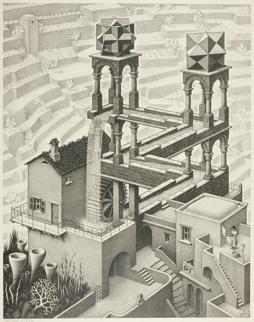 In case you wondered, M.C. Escher used a Chinese perspective called axonometry. Japanese woodblock artists also used axonometry.