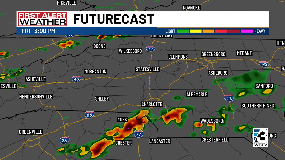 The overall rain chance is lower today than it has been all week, but there's still likely to be a few thunderstorms around this afternoon/evening. The best chance appears to be in the mountains & around #CLT & neighborhoods along & S/E of I-85. #NCwx #SCwx #CLTwx