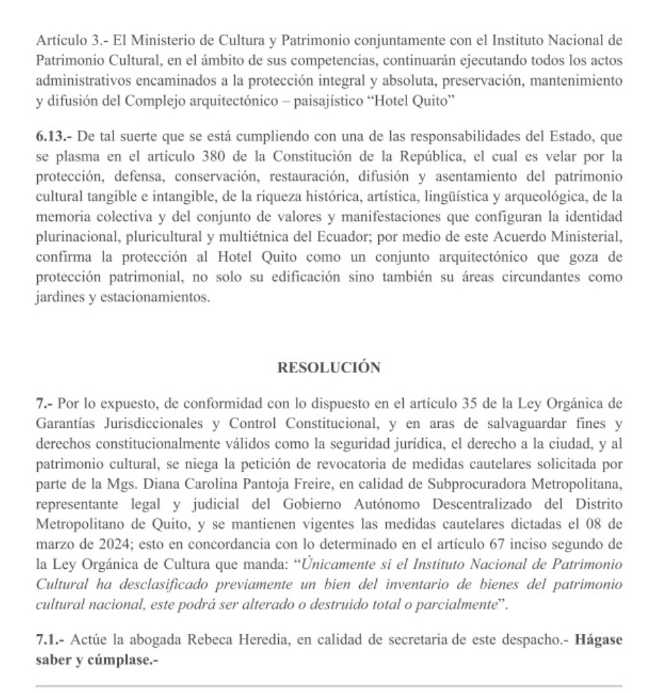 🔴#URGENTE | Tribunal de Garantías Penales, determina que el #HotelQuito es un conjunto arquitectónico que goza de protección cultural, por lo que niega la petición de revocatoria de medidas cautelares solicitadas. Esto obliga al Municipo de Quito a suspender todos los permisos y