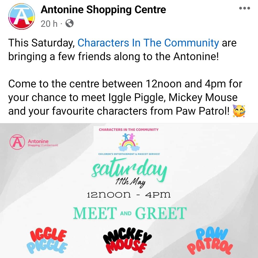 We are super excited to be teaming up with the Antonine Shopping Centre to deliver this event TOMORROW. 🌈 💛

Mr Yellow Jacket &amp; the characters can't wait to meet you all! 💛 

#charactersinthecommunity #mryellowjacket #pawpatrol #mickeymouse #antonineshoppingcentre