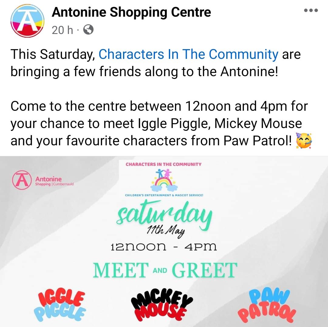 We are super excited to be teaming up with the Antonine Shopping Centre to deliver this event TOMORROW. 🌈 💛

Mr Yellow Jacket & the characters can't wait to meet you all! 💛 

#charactersinthecommunity #mryellowjacket #pawpatrol #mickeymouse #antonineshoppingcentre