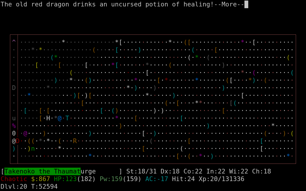 TakenokoSatono's tweet photo. ドラゴンが薬を飲むようになっているが、 #splicehack の変更なのか、ベースとなった #nethack 3.7 の変更かはまだ調べていない。うっかりブラックマーケットの店主を怒らせてしまったが、変化と麻痺エッセンス付きグレイスワンダーでなんとかなった。近接武器には麻痺が最適だと思う。 https://t.co/CxPLWpYa1B