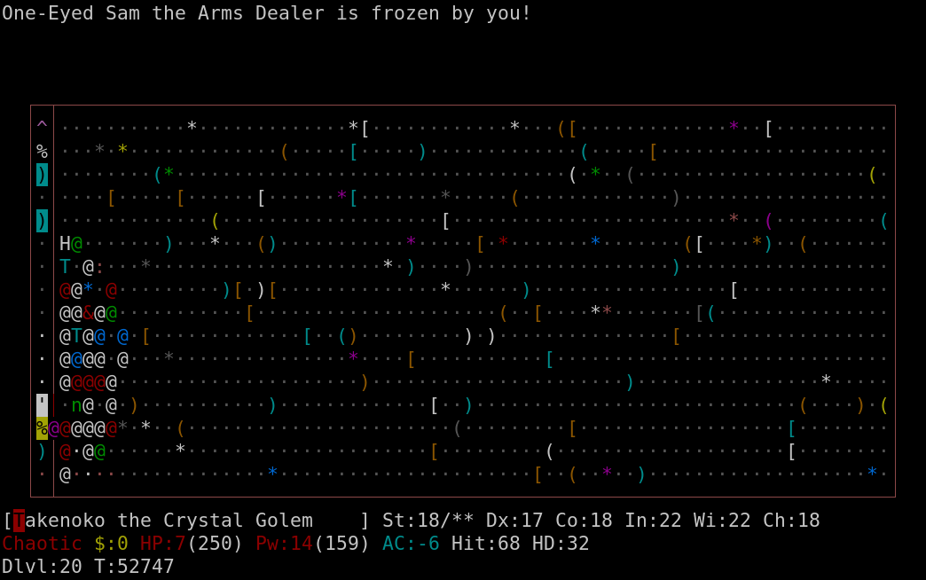 TakenokoSatono's tweet photo. ドラゴンが薬を飲むようになっているが、 #splicehack の変更なのか、ベースとなった #nethack 3.7 の変更かはまだ調べていない。うっかりブラックマーケットの店主を怒らせてしまったが、変化と麻痺エッセンス付きグレイスワンダーでなんとかなった。近接武器には麻痺が最適だと思う。 https://t.co/CxPLWpYa1B