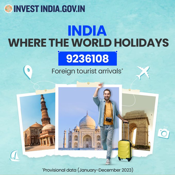 From adventure #tourism to luxurious holidays to spiritual sojourns, #NewIndia offers unique travel experiences for all - making it your go-to destination for all seasons.💰 

Explore more: bit.ly/II-Tourism 

#InvestInIndia #TourismSector @iingwen @MPWangTingyu @TWIndia2