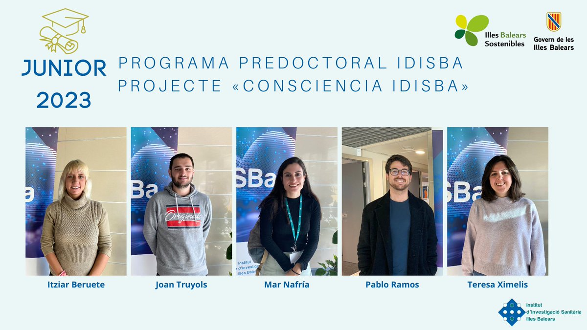 📢📢L'IdISBa ha incorporat a cinc investigadors i investigadores predoctorals per al programa JUNIOR 2023 del projecte «CONSCIENCIA IdISBa: consolidar la ciència IdISBa», convocatòria finançada pel pla anual 2022 de l'Impost de Turisme Sostenible del Govern de les Illes Balears.