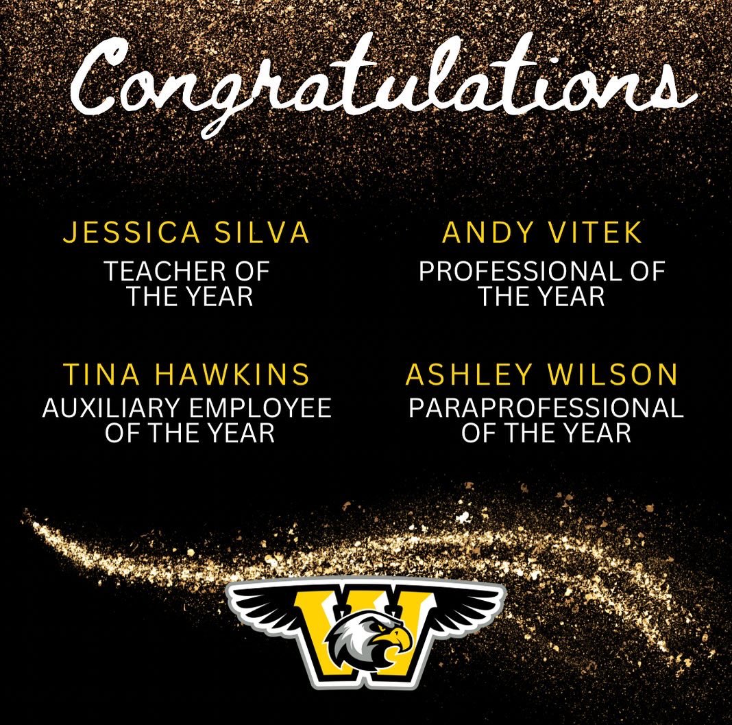 🎉 Congratulations to our incredible staff of the year at WMS! Mrs. Silva, Mr. Vitek, Miss Hawkins, and Mrs. Ashley Wilson, you're the heart of our school community! Special shoutout to Mrs. Silva for being named CSISD Secondary TOTY! 🖤💛 #successCSISD #WMSwarhawks