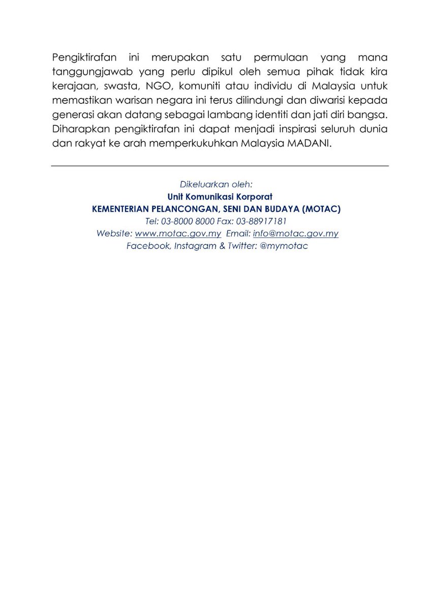 📌 SIARAN MEDIA - PENGIKTIRAFAN AT-TARIKH SALASILAH NEGERI KEDAH: GENEALOGICAL HISTORY OF KEDAH STATE DAN THE ROYAL CORRESPONDENCE OF BAGINDA OMAR (SURAT PERSENDIRIAN BAGINDA OMAR) DI BAWAH PROGRAM MEMORY OF THE WORLD ASIA-PACIFIC REGIONAL REGISTER (MOWCAP) #MyMOTAC