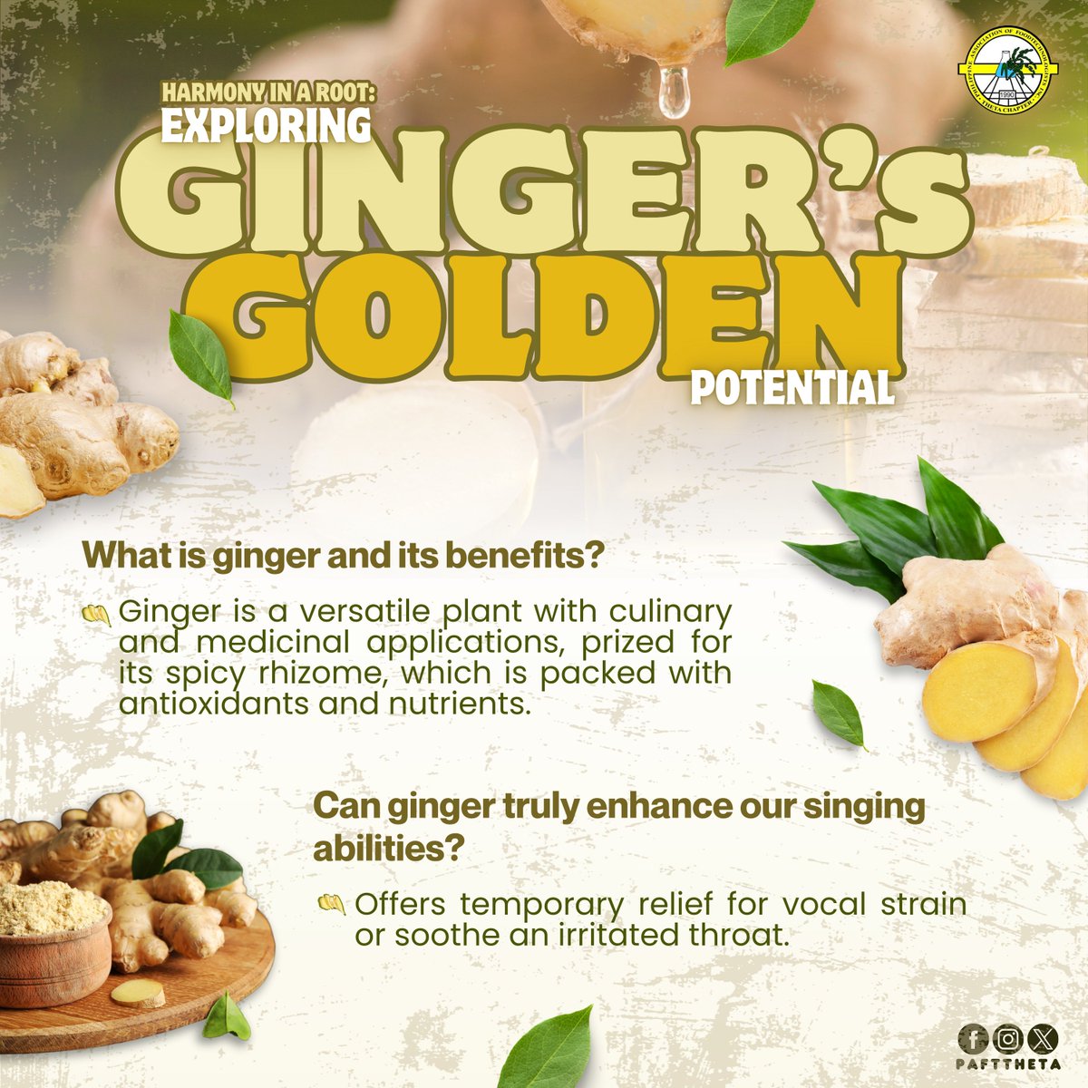 Does ginger really improve our singing voice? 🤔

Let's answer this question by exploring the golden potential of ginger into the publication below!

#PAFTTheta
#FoodTechFacts
#FeedTheNation