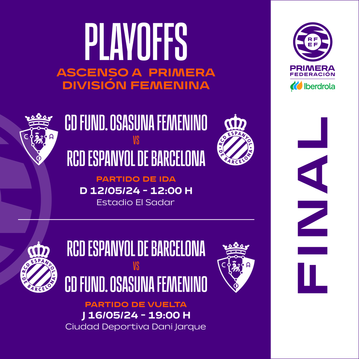 🤩 ¡UNO DE ESTOS EQUIPOS SUBIRÁ A PRIMERA DIVISIÓN!

⏰ Estos son los horarios de los dos encuentros entre @Osasuna_fem y @RCDEFemeni 

🤗 Este domingo, primer choque.

#FutFemRFEF I #PrimeraFederaciónIberdrola