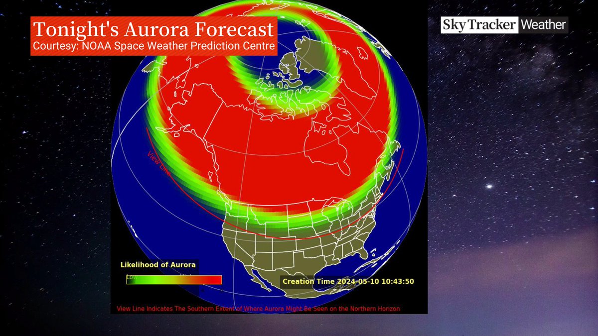 NOAA's Space Weather Prediction Centre has issued a rare G4 geomagnetic storm watch (first since 2005) this means the #aurora could be visible tonight across much of Canada and as far south as Northern California! #Auroraborealis