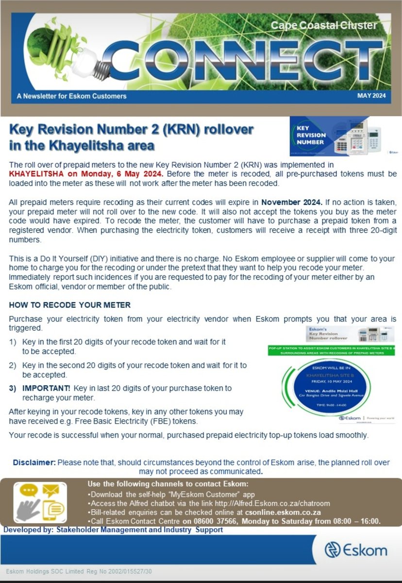 #KRNrollout #KeyRevisionNumber #EskomWesternCape #KRN2RollOver #Khayelitsha Eskom will be assisting customers from the Andile Msizi Hall in Site B on Friday, 10 May 2024 with the recoding of their prepaid meters.#KRNrollout