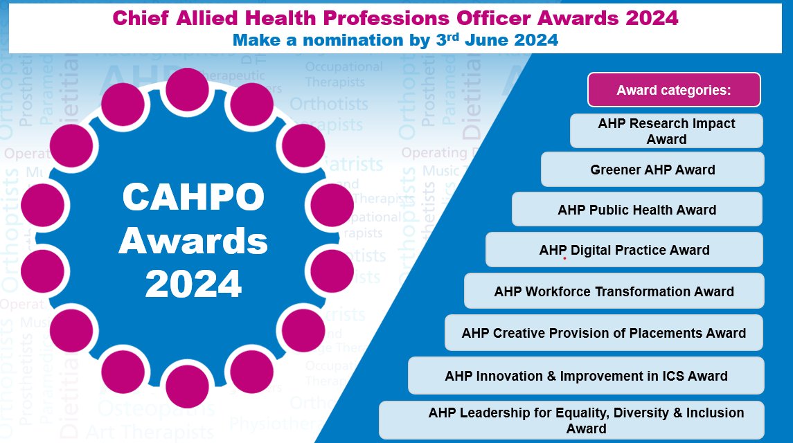 The CAHPO awards is a unique opportunity for registered AHPs to receive recognition for their personal contributions towards delivery of exceptional care for patients. We want P&O nominated for these awards! More info:ow.ly/RgOU50Ryhp9