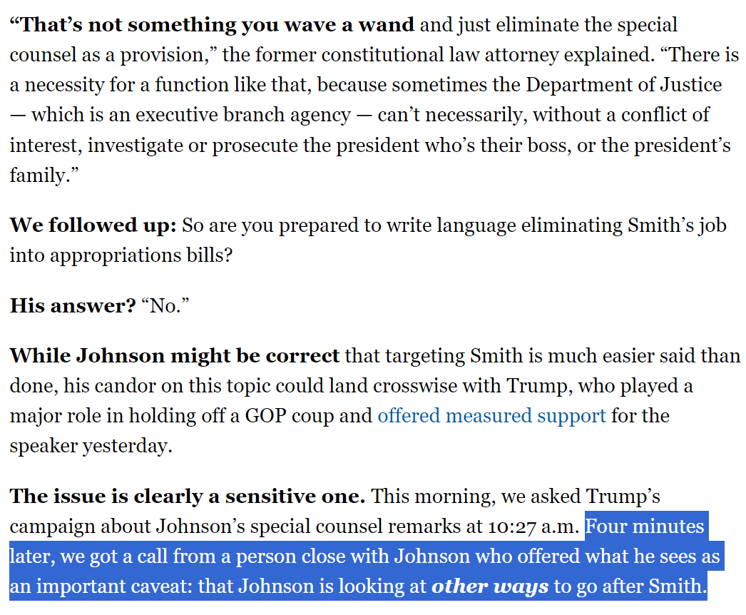 This is really something: @playbookdc reports that Mike Johnson admitted defunding prosecutions of Trump isn't going to happen. Then when Trumpworld was asked for comment, four minutes later Johnson's team called back to try to clean things up: