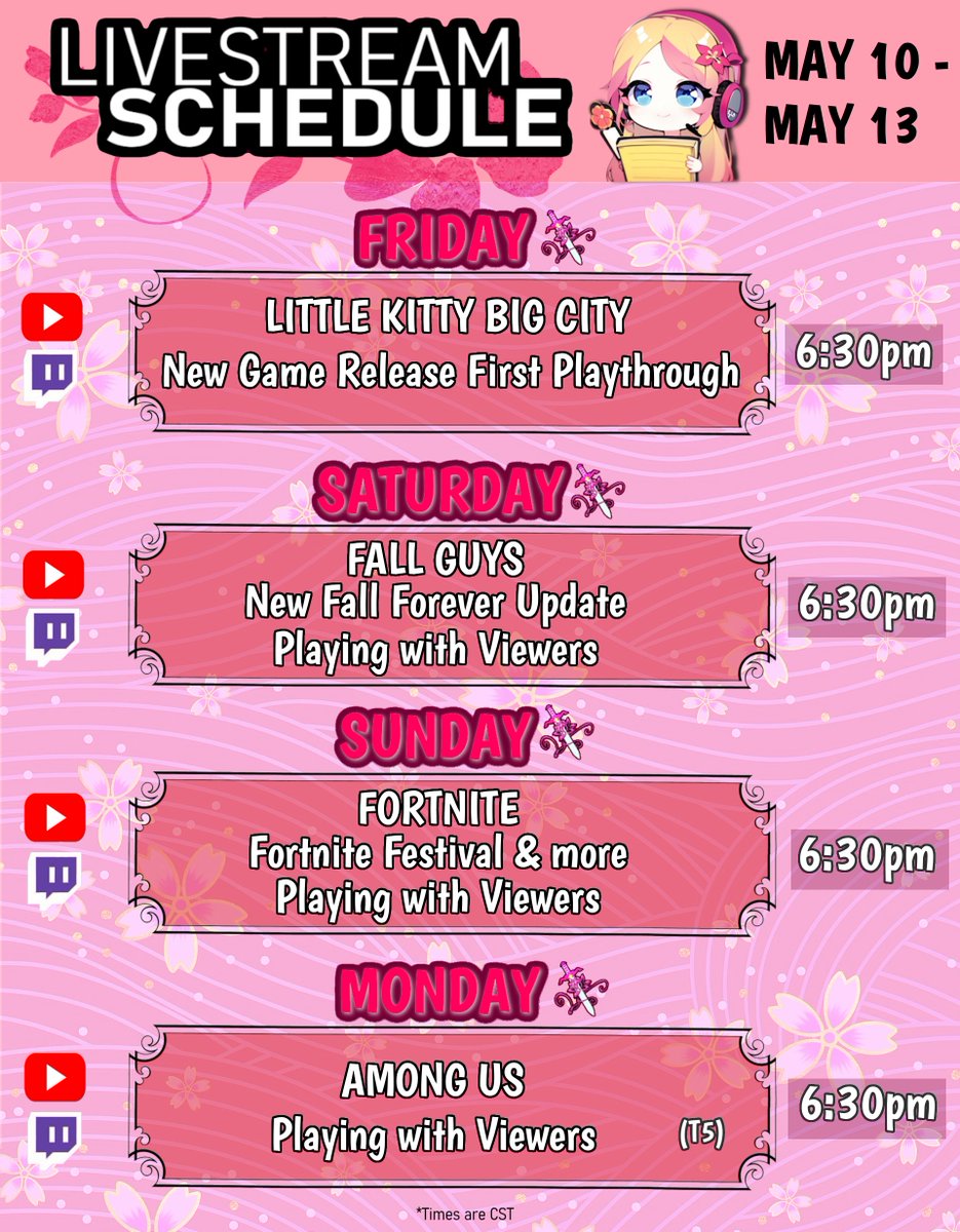 🌸New #LiveStream Schedule! • Friday - Little Kitty Big City NEW Release First Playthrough • Saturday - Fall Guys New Fall Forever Update Playing with Viewers • Sunday - Fortnite Festival and more with Viewers • Monday - Among Us Playing with Viewers (T5) #youtube #twitch