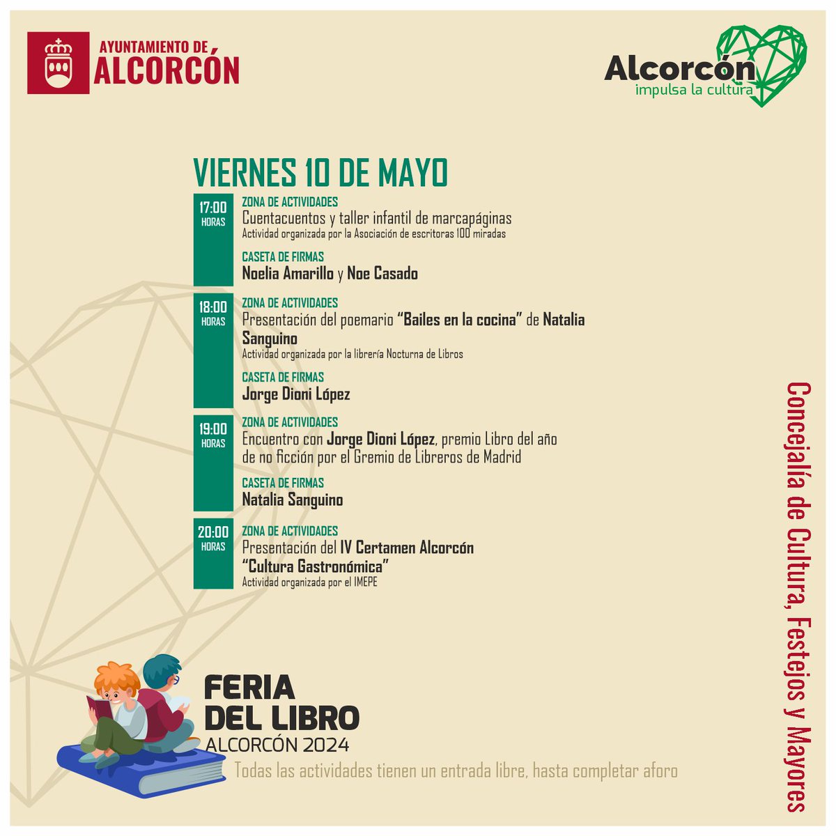 📢Recuerda esta tarde ABRIMOS XXV FERIA DEL LIBRO 🕑19h ➡️Zona Actividades 📍Encuentro con lectores: @jorgedioni premio Libro del año de no ficción por Gremio Libreros Madrid 📍Caseta firmas Natalia Sanguino. Autora y Premio Nacional de Poesía Emergente #Alcorcon ...🧵...