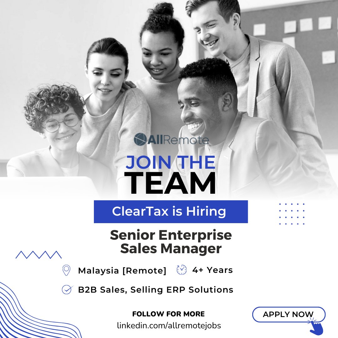 🌟 Senior Enterprise Sales Manager

👉 Acquire high-turnover clients 
👉 Proactively engage leads, close deals 
👉 4+ years B2B sales experience 
👉 BCom/MBA, understanding of Indirect Tax

Apply now 
👉 forms.gle/k7NHb5sj8DtZxG…

#SalesManager #RemoteWork #Jobs #Malaysia