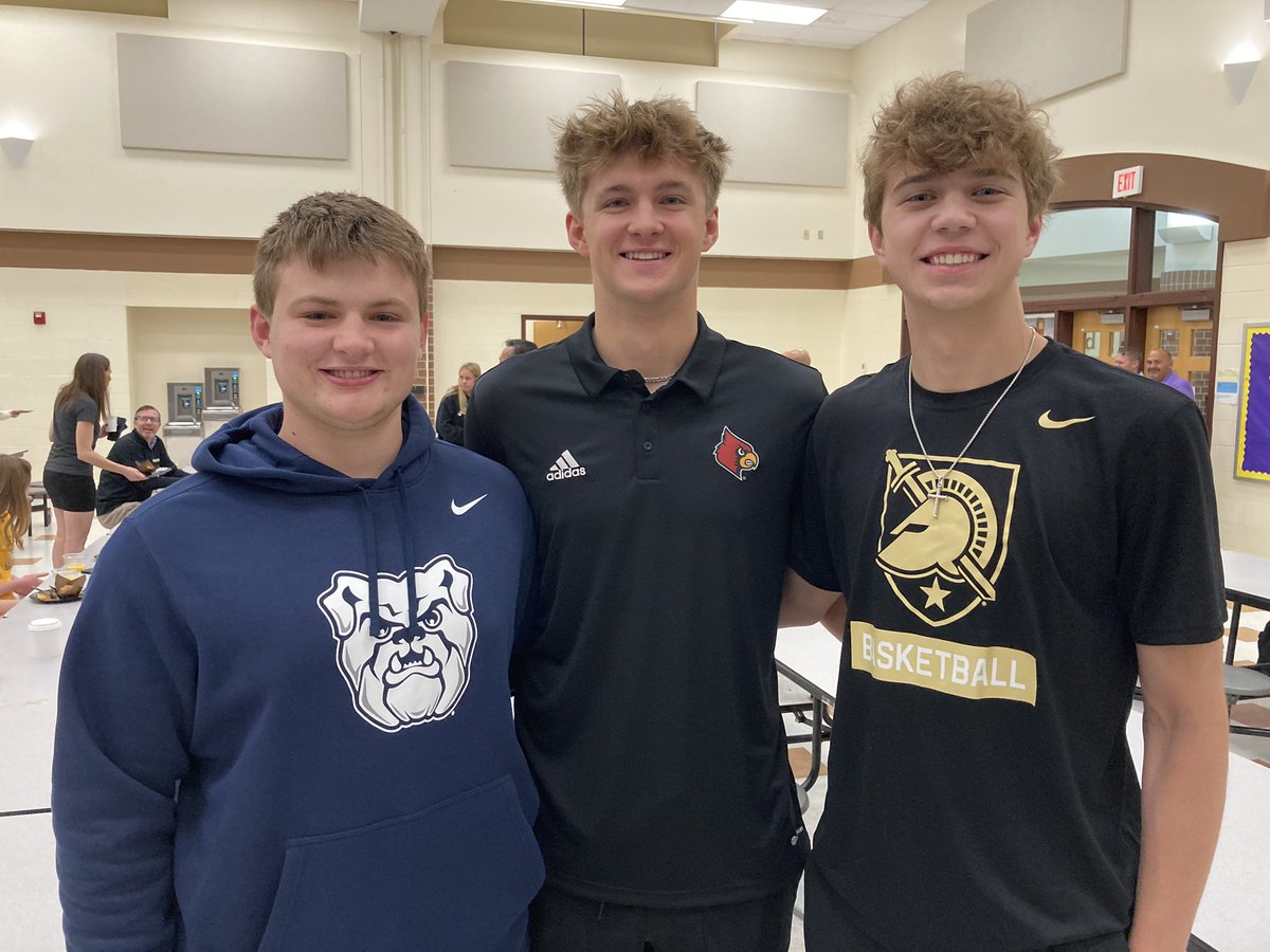 GuerinJCL's tweet photo. So proud of @guerincatholic Latin students Max Thompson (football, Butler), Ryan Zimmerman (football, Louisville), and Dylan Murans (basketball, West Point), as they get ready for their collegiate sports careers! #gcjcl #aquilaeaurisurgimus #eaglesofgoldwerise @GCHS_Athletics https://t.co/52IyYS8ZSG