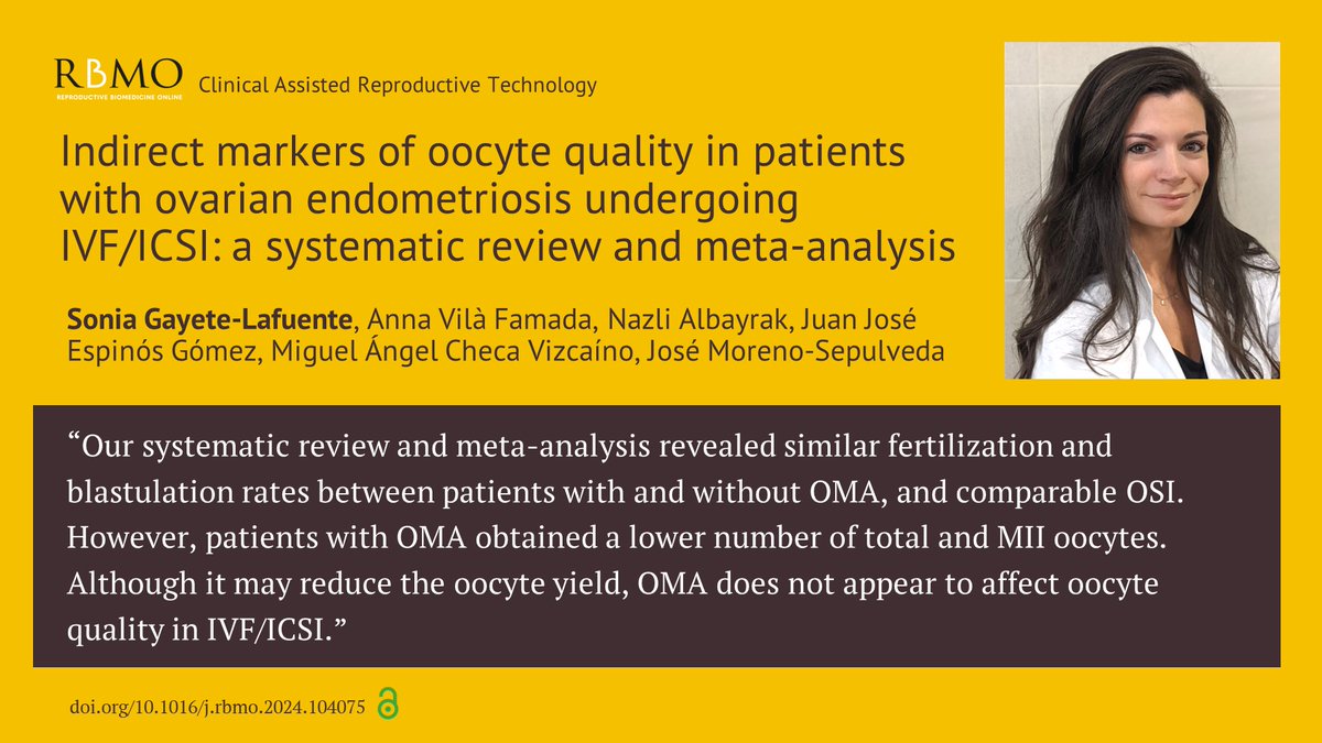 This new systematic review and meta-analysis from Sonia Gayete-Lafuente and team, provides a comprehensive perspective on the relationship between ovarian endometriomas (OMA) and IVF outcomes. doi.org/10.1016/j.rbmo…