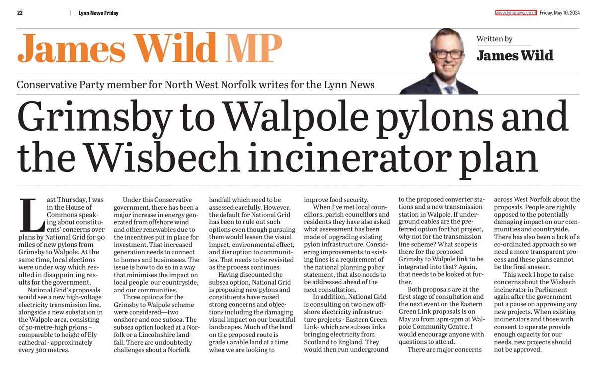 Plans for 90 miles of new pylons to #Walpole need to be rethought to minimise impact on local communities and let’s make the temporary moratorium on new waste incinerators permanent #Wisbech My new @TheLynnNews column