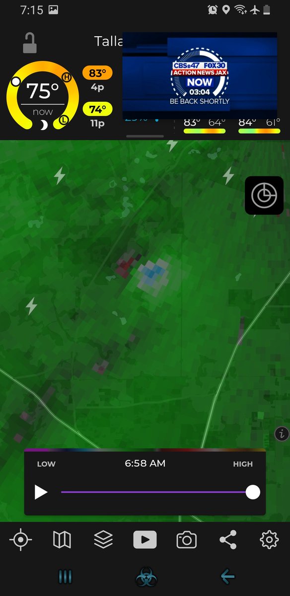 Zeldeath's tweet photo. @MikeFirstAlert @ActionNewsJax Observed tornado reported mear Tallahassee Intl Airport moving east at 60mph. Big debris ball on correlation coefficient radar scans along on velocity radar scans. https://t.co/lnPUusVqob