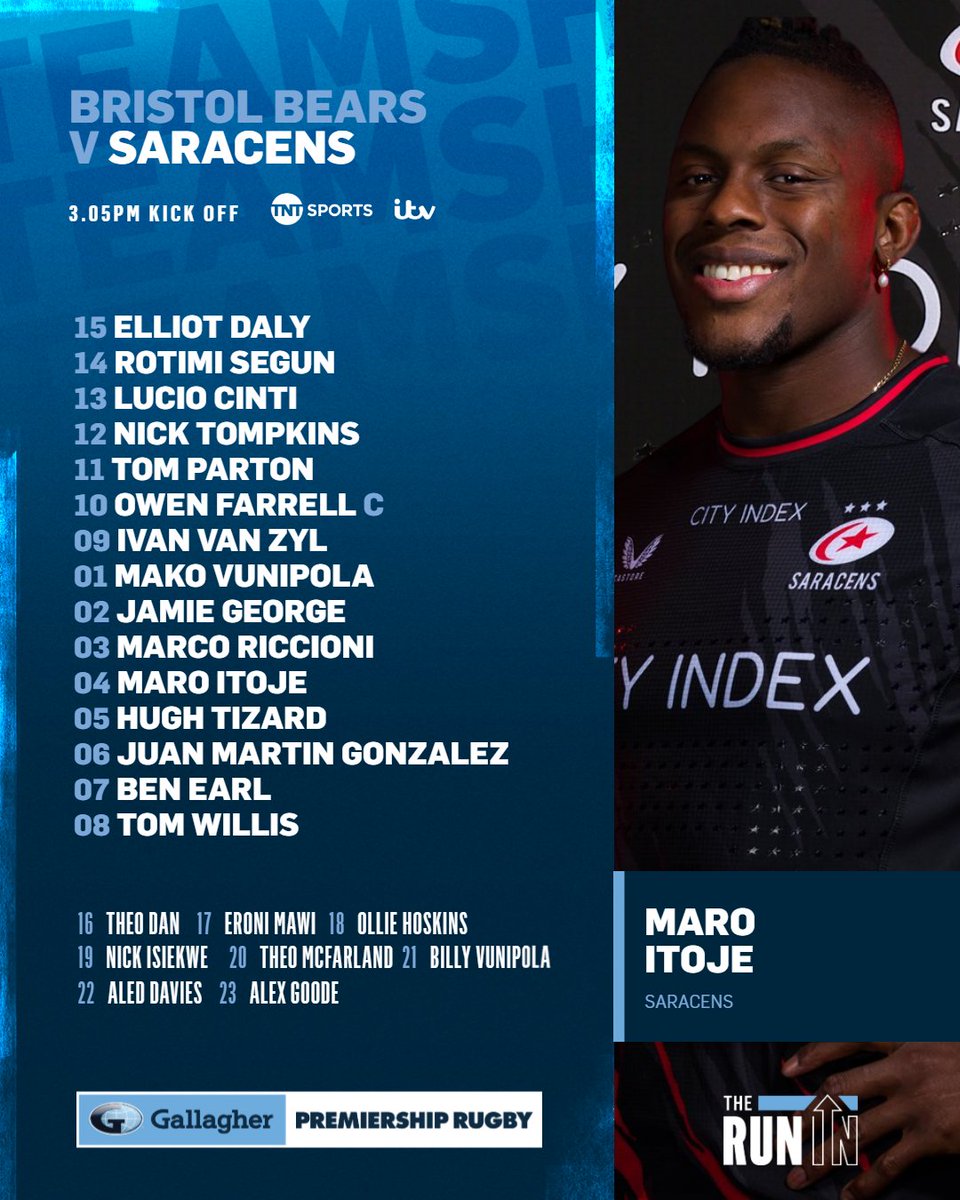 A battle at the top 🔝

Second-place @Saracens travel to fourth-place @BristolBears tomorrow for a must-watch clash in BS3 👊

Catch the action live on @rugbyontnt and @ITVRugby 🥳

#GallagherPrem | #BRIvSAR