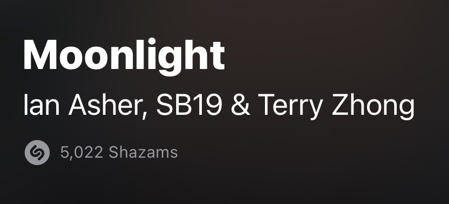 SB19 Shazam Updates 🔐 5,022 shazams Moonlight by Ian Asher, SB19 & Terry Zhong has now surpassed 5K shazams. “Radio DJs and other important people use Shazam charts to decide which music to play.” @SB19Official #SB19 #PAGTATAGTourDubaiVlog