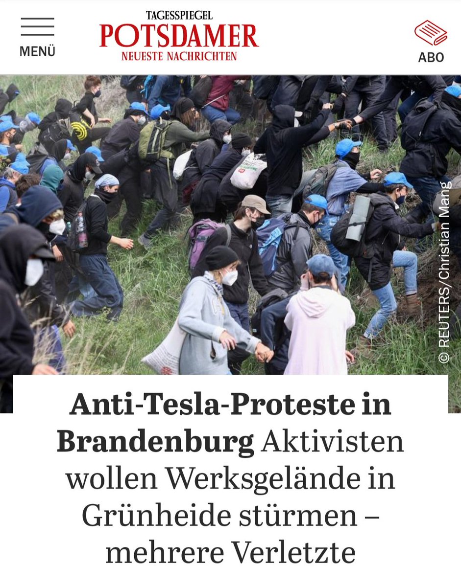 Vermummte sogenannte 'Aktivisten' stürmen derzeit das #Tesla-Werksgelände in #Grünheide. Angeblich demonstrieren diese Leute für den #Klimaschutz. Entweder, E-Autos sind doch nicht so gut für das Klima, oder die sind einfach verrückt. Oder beides! 🤦🏻🤨 tagesspiegel.de/potsdam/brande…