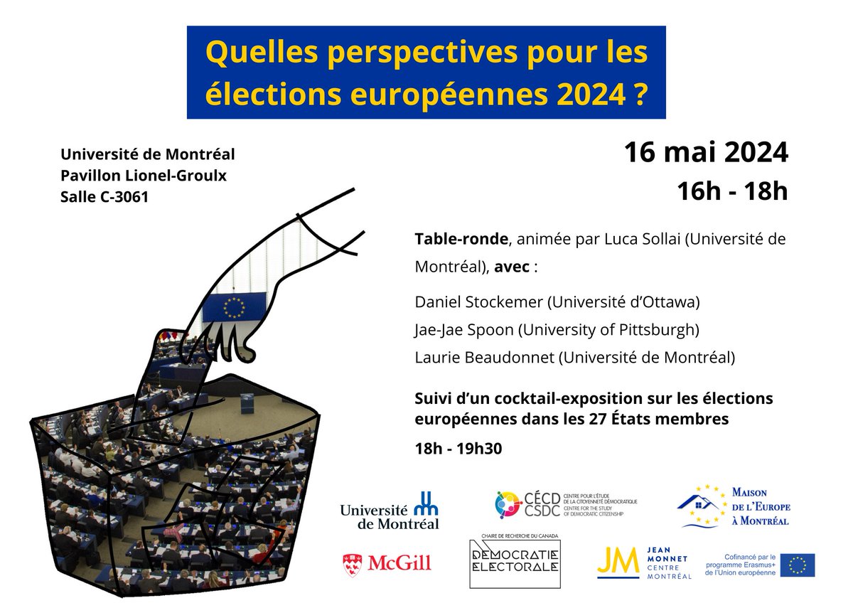 Que faites-vous jeudi 16 mai à 16h ? Vous pourriez nous rejoindre à la table-ronde sur les élections européennes, animée par @SollaiLuca, en compagnie de Daniel Stockemer (@KasChair), @JaeJaeSpoon et Laurie Beaudonnet ! Retrouvons-nous à @Sciencepo_UdeM, salle C-3061.