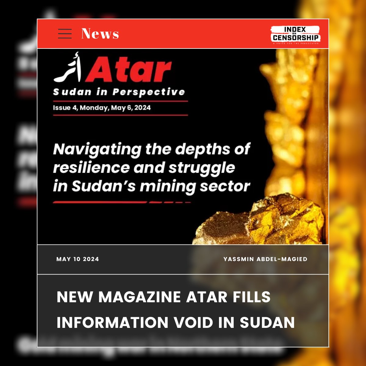 #Sudan: “We stay away from tragic language. While we are writing about death, we write about it with heroism.” @yassmin_a reports on @atarnetwork, a new publication, which fights to share stories which would otherwise be lost in the horrors of war. indexoncensorship.org/2024/05/new-ma…
