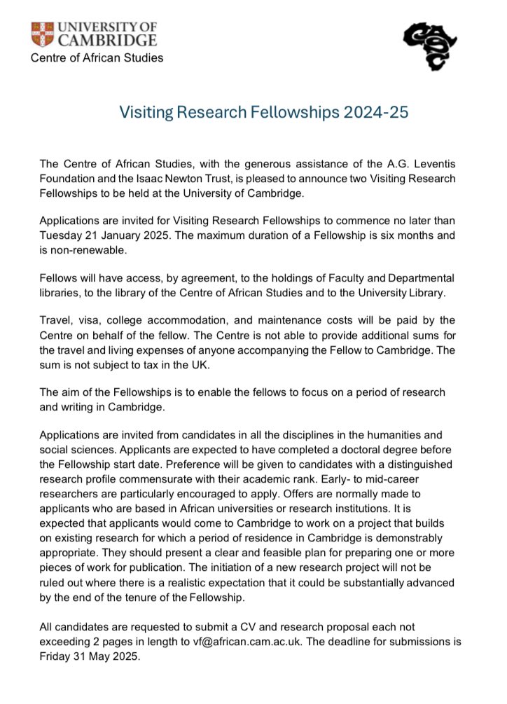 🚨 Cambridge Centre of African Studies Visiting Fellowships! @CASCambridge 🚨