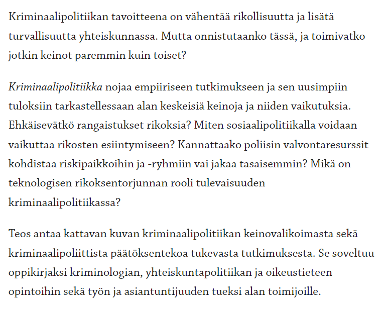 📣Ennakkotieto!📣 Kirjamme kriminaalipolitiikan empiirisestä tutkimuksesta ilmestyy syyskuussa. Ilo olla mukana tässä kirjoittajaryhmässä: Noora Ellonen, Janne Kivivuori (@jkivivuori), Satu Rantaeskola, Mikko Aaltonen (@aaltmik) ja Sasu Tyni. #Krimo gaudeamus.fi/teos/kriminaal…