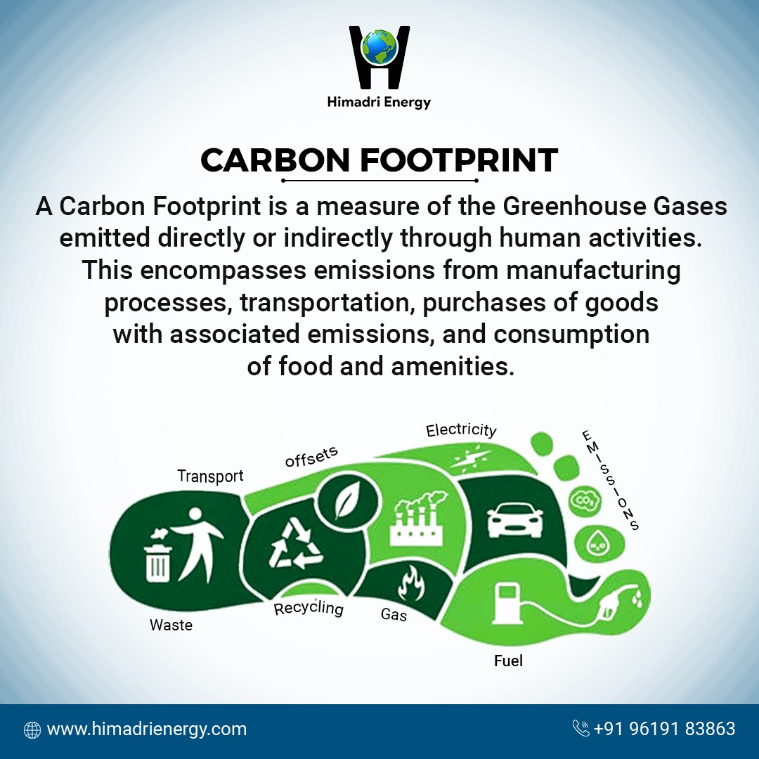 Carbon footprint: measures greenhouse gases emitted by human activities, including manufacturing, transportation, and consumption. Crucial for climate action.

#CarbonFootprint #GreenhouseGasEmissions #ClimateImpact #EnvironmentalAwareness #EmissionReduction #HimadriEnergy