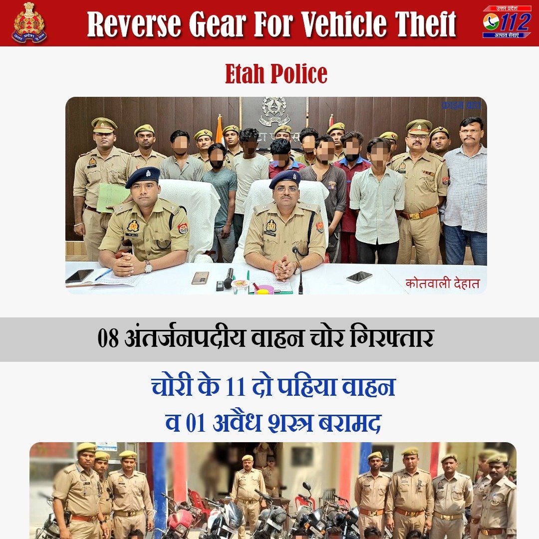 Zero Tolerance Against Crime - 08 अंतर्जनपदीय वाहन चोरों को @Etahpolice द्वारा गिरफ्तार करते हुए उनके कब्जे से चोरी के 11 दो पहिया वाहन व 01 अवैध शस्त्र बरामद किया गया है। #WellDoneCops #VahanUPP