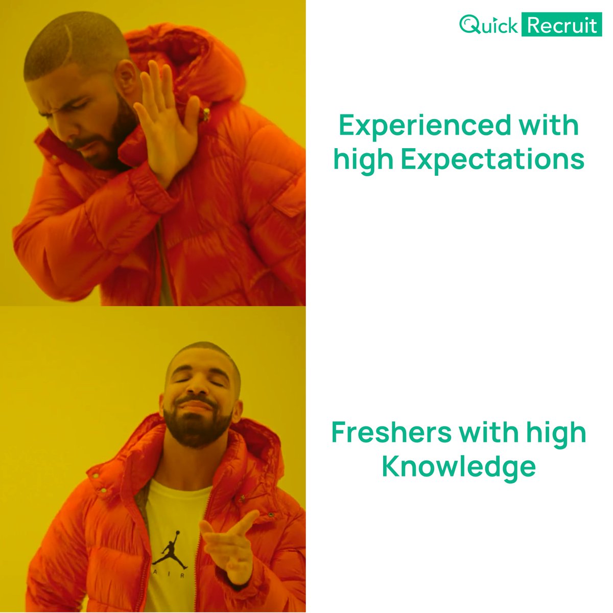 Here are the importance of fresher candidates with high knowledge: 
1)Fresh Perspectives 
2)Up-to-Date Knowledge 
3)Eagerness to Learn 

#meme #onlineinterview #viralmemes #newmeme #tech #virtualinterviews #interviewasaservice #quickrecruit #funnymemes #nichememes #memesdaily