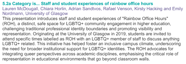 Happy to have our work accepted to the @AdvanceHE's EDI Colloquium. In this work, we present the Rainbow Office Hours 🌈, an initiative to foster inclusivity and support LGBTQ+ staff and students at the @UofGlasgow 
@shoogle_mac 
@aussieweegie 
@emilynordmann   
@UofGEquality