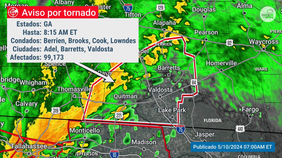 ¡Atención hay un aviso por tornado! Si estás en Lowndes, Cook, Brooks, Berrien, Lanier, Thomas, Colquitt busca refugio ¡ahora mismo! en tu sitio seguro. Este aviso se mantiene hasta el 10 May 8:15AM EDT. Síguenos para más información: bit.ly/3PKAzjL